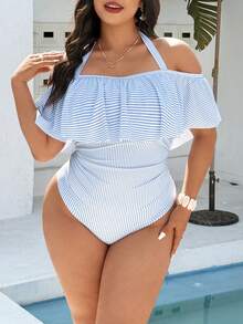 Swim Vcay 大码女式泳衣，休闲沙滩度假蓝白格子随机印花挂脖系带荷叶边连体泳衣 - 藍白色 - 查看 4