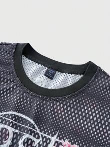 ROMWE MEN Prep Men's Summer Casual Floral & Numeric Print Hollow Out T-Shirt - Black - View 3