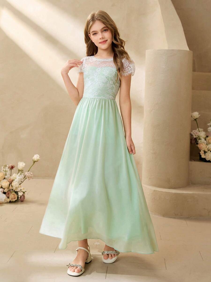 Girls' Lace Patchwork Chiffon Flower Girl Long Dress, Waist Cinched, Suitable For Weddings, Parties, Birthdays, Banquets, All Seasons Junior Bridesmaid Dress Teen Girls Elegant Dress Pastel Colour Dress For Tween Girls Tween Girls Elegant Bridesmaid Lace Long Dresses For Tweens Elegant Dresses For Girls Girls Lace Dress Prom Dress For Tweens Kids Formal Dress Prom Dress For Kids Girls Formal Dress Dresses For 12 Yrs Old Tween Formal Dress - Green - View 1