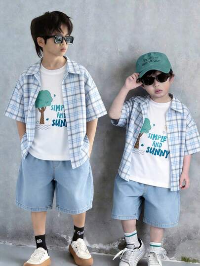 3pcs/Set Kids Boy Cute Summer Versatile 3-Piece Set: Plaid Short Sleeve Shirt, White T-Shirt, Blue Denim Shorts, Suitable For Daily Wear, Sports, Outings, School, Parties, Holidays, Photoshoots