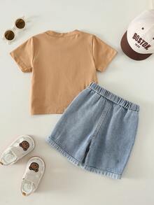 SHEIN 男婴夏季休闲可爱小熊图案T恤和蓝色牛仔短裤两件套，夏季服装 - 彩色 - 查看 2