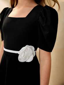 Tween Girl Colorblock Square Neck Petal Sleeve Dress With 3D Floral Decor - Black - View 5