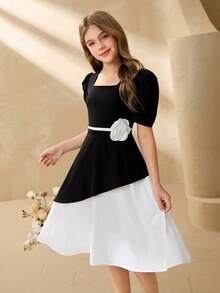 Tween Girl Colorblock Square Neck Petal Sleeve Dress With 3D Floral Decor - Black - View 6