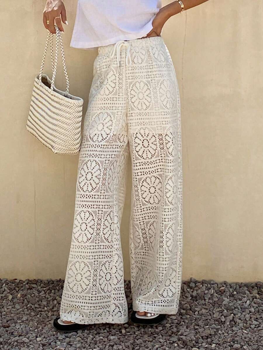 Livesso Women's Drawstring Waist Casual Versatile Daily Wear Wide Leg Pants - White - View 1