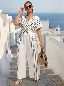 EMERY ROSE Plus Size Striped Criss-Cross V-Neck Short Sleeve Jumpsuit - Apricot - View 7