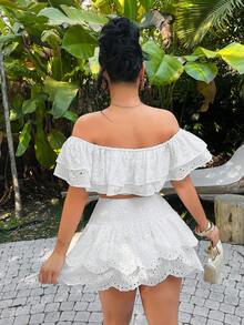 SHEIN SXY Áo kiểu trễ vai xếp bèo nhún cho kỳ nghỉ biển - trắng - Xem 3