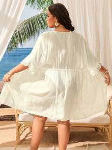 Swim Lushoire Plus Size Solid Color Twist Ruched Casual Vacation Beach Kimono Cardigan - Apricot - View 2
