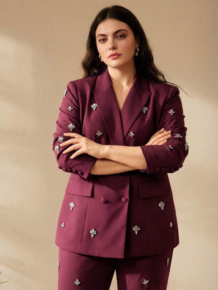 Plus Size Women's Elegant Formal Chic Luxury Embellished Waist Slim Fit Blazer Jacket, Suitable For Party, Work, Graduation, Wedding, Etc.