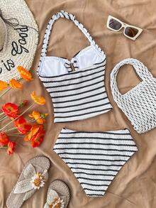 SHEIN Teen Girls' Black & White Striped Textured Halter Tankini Top, Suitable For Swimming, Vacation, Beach Wear, Children's Swimwear Set, Summer Holiday - Black and White - View 2