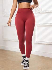 SHEIN Sports Quần legging yoga cạp cao không đường may, ôm bụng dành cho nữ; Quần bó thể thao co giãn cao, đa năng; Thích hợp cho yoga, đạp xe, chạy bộ, tập luyện; - Màu Đỏ Sâu - Xem 3