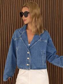 DAZY 女士翻领短款水洗牛仔休闲外套 - 中等水洗藍 - 查看 6