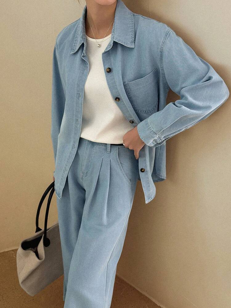 Women's Lapel Long Loose Shirt And Wide Leg Jeans Casual Vacation Style Suit