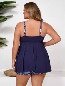 SHEIN CURVE+ 大码女士两件式泳衣，印花坦克背心式泳衣，适合夏季度假 - 藏蓝色 - 查看 2