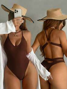 Swim SXY One-Piece Swimsuit, Deep V-Neck, Spaghetti Straps, Backless, Hollow-Out, Thong Bottom, Suitable For Beach & Summer - Coffee Brown - View 3