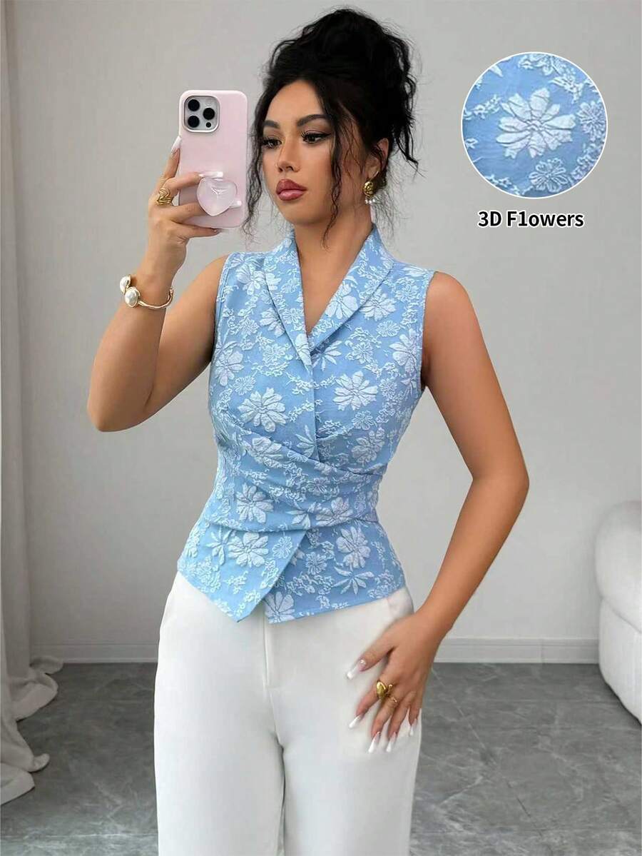 Elenzga 女士轻薄无袖裹身衬衫，提花面料，优雅休闲，适合夏季外出、约会、新年、情人节、复活节、母亲节、音乐节、中东婚礼、通勤、浪漫假期等场合，浅蓝色 - 淺藍色 - 查看 1