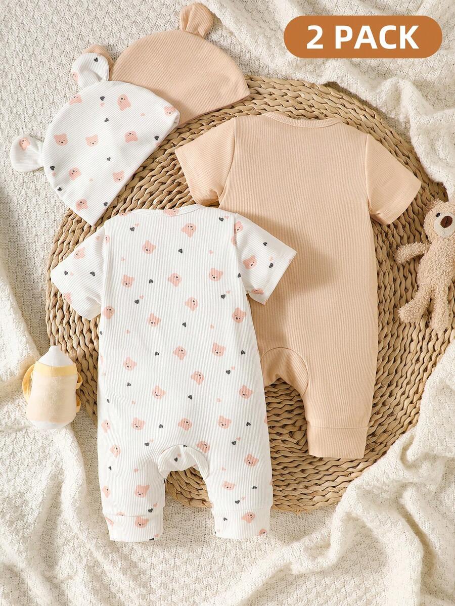 SHEIN 4 Stücke Neugeborenen Unisex Outfit, Sommer Baby Bär Herz Muster + einfarbiger Romper und Mütze mit Bärenohren Set - Verschiedenfarbig - Übersicht 1