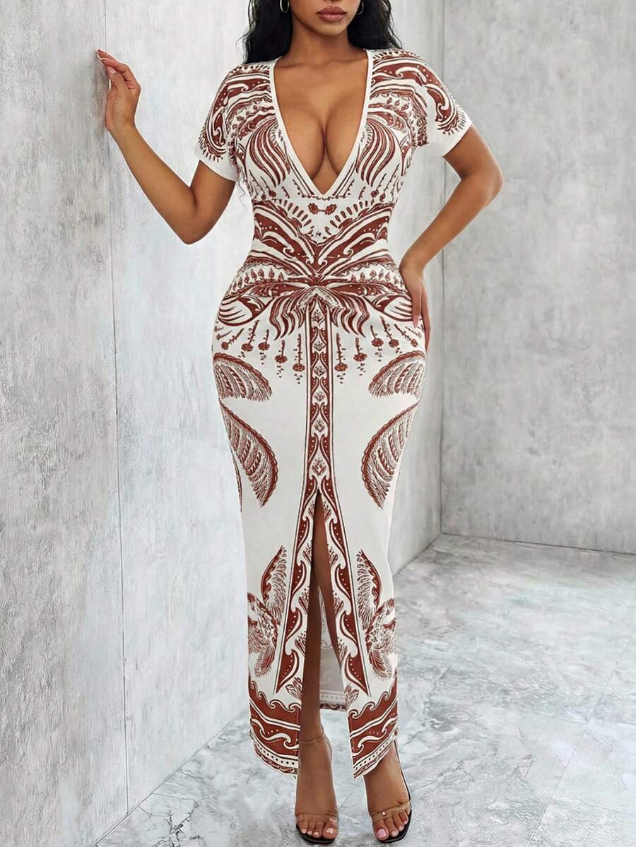 Eryvara New Arrival Fashionable Printed V-Neck Ruched Bodycon Dress - Multicolor - View 1