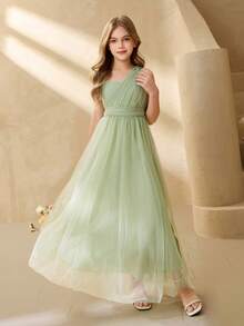 Elegant Flowing Mesh One Shoulder Twist Waist Flared Dress, Suitable For Weddings, Galas, Birthdays, Parties, All Seasons - Green - View 8