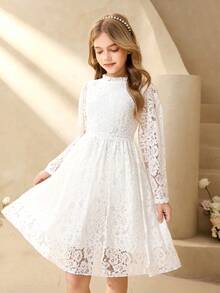 Tween Girl Ruffle Collar Floral Lace Long Sleeve Elegant Dress - White - View 4