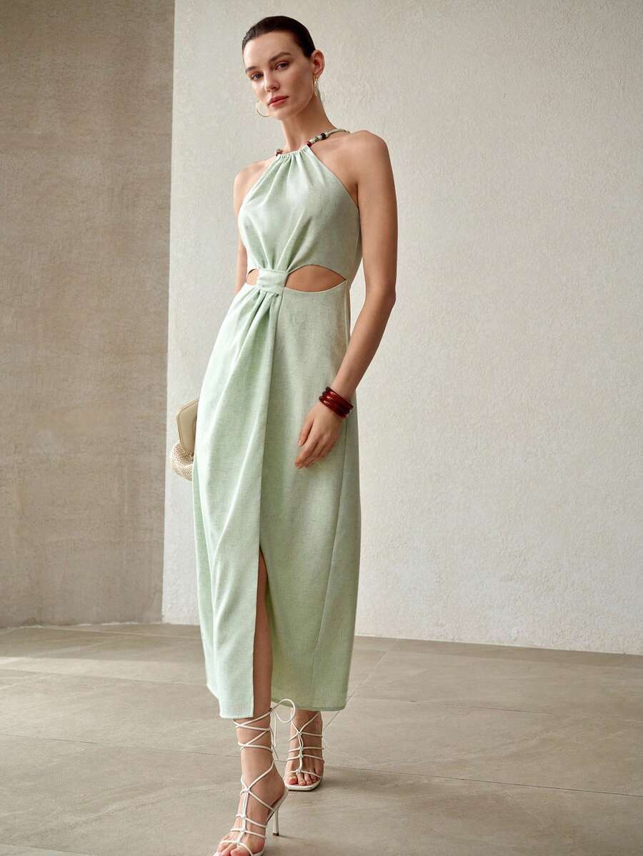 MOTF PREMIUM WOMEN'S LUXURY HALTER KNOT DESIGN DRESS - Apricot - View 1