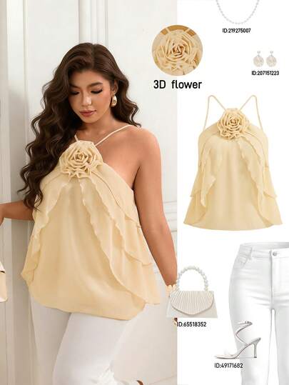 Femmeverse 大码女式优雅时尚荷叶边拼接花卉装饰雪纺吊带背心纯色上衣