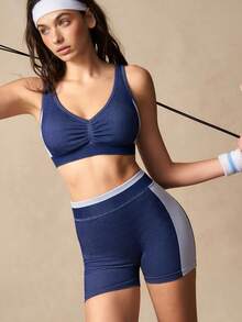 VARSIVA Bộ 2 món + Áo ngực và quần short thông thường + Vải thấm hút mồ hôi + Thiết kế phối màu tương phản / Cơ bản / Bộ đồ thể thao / Tập thể dục / Yoga không đường may - Nhiều màu - Xem 6