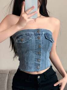 DAZY 纯色纽扣前开襟露脐牛仔抹胸上衣，适合节日穿着 - 中等水洗藍 - 查看 4