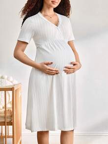 Moonlight&Mama 孕妇纯色V领短袖休闲连衣裙 - 白色 - 查看 4