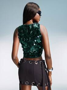 GENKIRA Women Fashion Glitter Cropped Tank Top  - Green - View 2