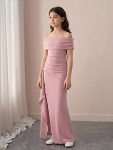 SHEIN 少女优雅长款连衣裙，露肩荷叶边下摆修身长款派对礼服，粉色花童礼服 - 粉色 - 查看 3