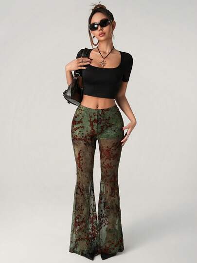 SHEIN ICON Vintage Mesh Flocked Flare Pants With Super Low Waist