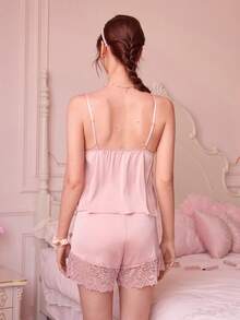 SilkySpell 蕾丝拼接蝴蝶结前吊带背心和短裤睡衣套装/睡衣套装 - 淺粉色 - 查看 2