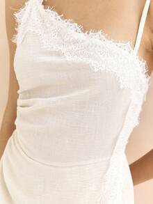 KSTM Asymmetric White Lace Slip Dress With Lace Trim Midi Length Spaghetti Strap Feminine Elegant Summer Spring Date Night Wedding Guest - Apricot - View 6