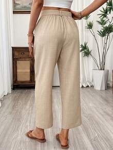 SHEIN Holidaya 女士休闲亚麻质感收腰直筒裤，春夏款 - 卡其色 - 查看 2