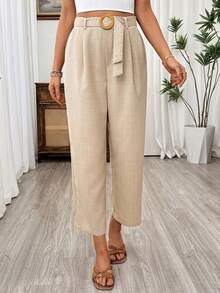 SHEIN Holidaya 女士休闲亚麻质感收腰直筒裤，春夏款 - 卡其色 - 查看 3