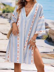 Breezaya Women's Short Vacation Style Contrast Color Striped Loose Dress - Blue - View 1