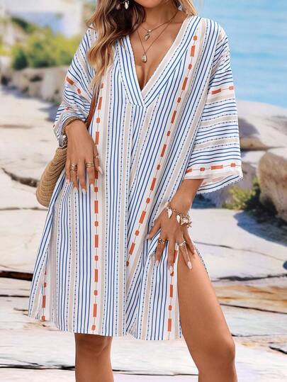 Breezaya Women's Short Vacation Style Contrast Color Striped Loose Dress