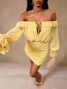 Opulessa Summer Spring Going Out Beach Vacation Festival Party Wedding Graduation Prom Elegant Casual Formal Women's Elegant Solid Color Off-Shoulder Ruffle Hem Dress, Spring Summer Outfits, Festival Dress, Elegant Party Dress, Beach Vacation Outfits, Wedding Guest Dresses, Formal Graduation Dress, Work Outfits For Women - Yellow - View 7