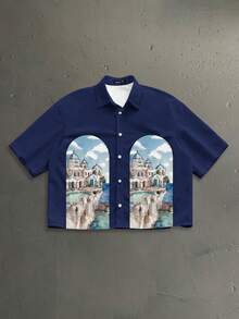 StoneGrade Camisa de manga corta casual y versátil con estampado de paisaje para hombre, de solapa única - Azul Marino - Ver 1