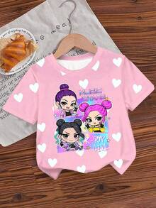 1pc Young Girl Cute Style Pink Top With Allover Heart Print,Loose Fit,Suitable For Summer,School,Great Valentine's Day Gift For Girls,Tops - Baby Blue - View 3