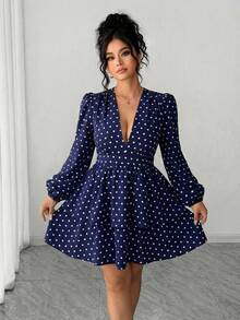 Auvina Vestido de mujer talla grande con cuello en V, estampado de lunares y mangas con volantes en el bajo - Azul Marino - Ver 1