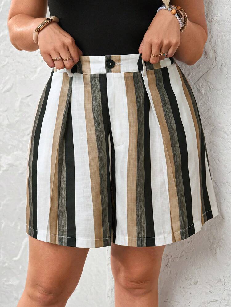 Plus Size Women's Summer Casual Vacation Country Colorblock Striped Shorts With Pockets, Spring/Summer,Summer\Vacation,Summer Holiday,Spring Break Outfits ,Vacation Outfits Women ,Holiday Outfits For Women,Going Out Outfits,2026 New Clothes,Simple And Fashionable For Everyday Wear,Suitable For Summer, Vacation, Daily Wear, Stripe Shorts, Women Summer Shorts