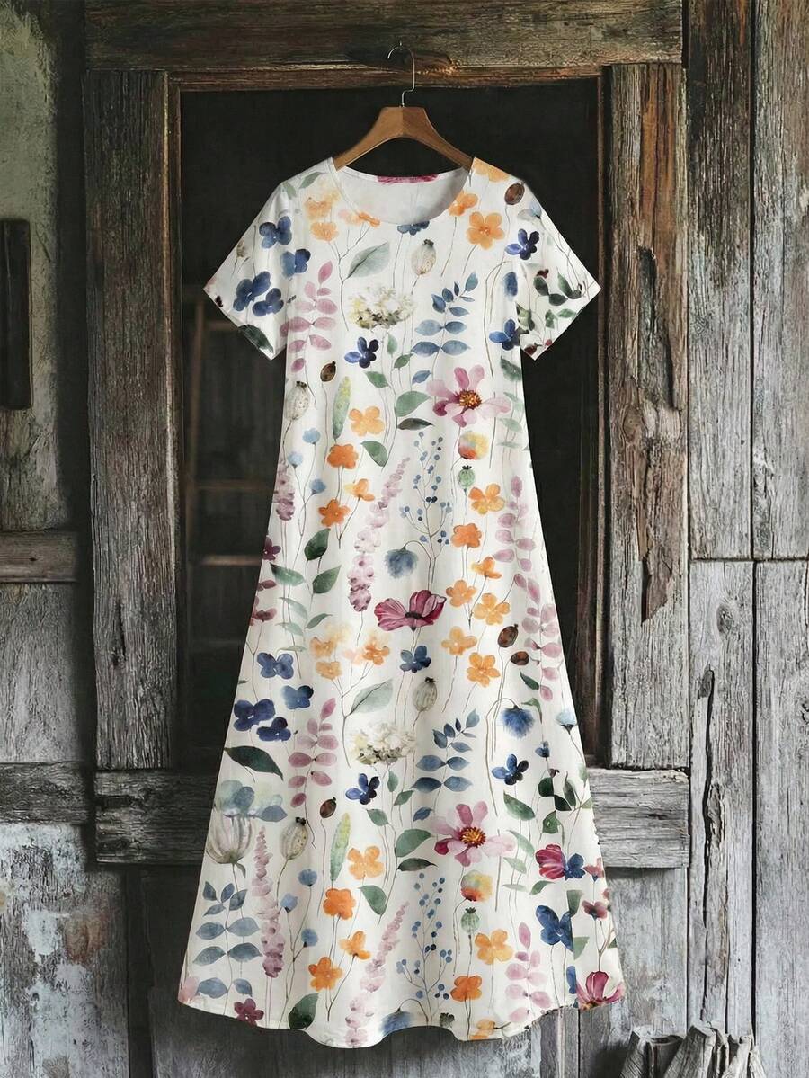 EMERY ROSE 休闲女式碎花波西米亚风长连衣裙，多色随机印花，圆领，短袖，休闲优雅大码女式连衣裙。 - 彩色 - 查看 1