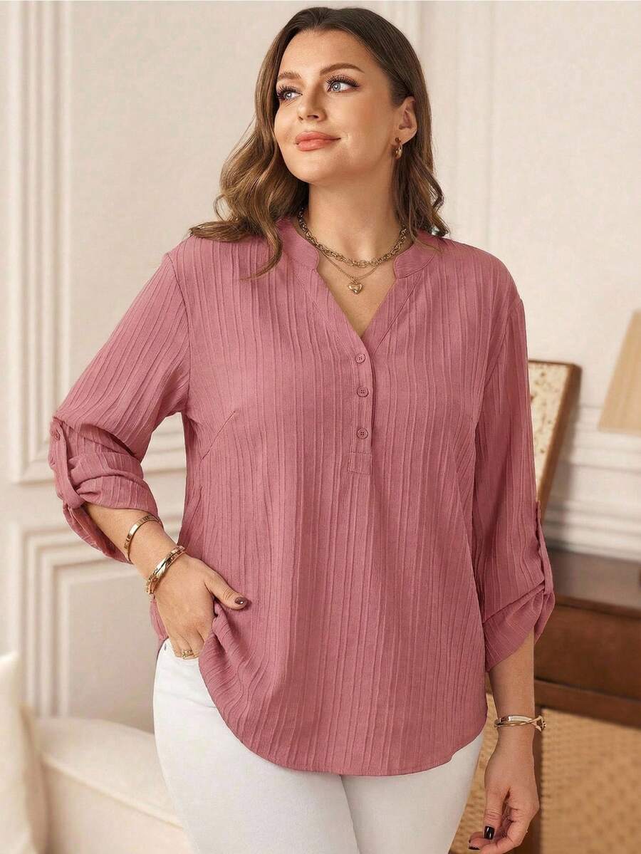 Rosumi Plus Size Solid Color Notched Neck Roll Up Sleeve Casual Blouse ,Winter Clothes V Neck Blouses For Women Plus Size Blouse Button Down Blouse Fall - Pink - View 1