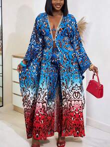 BamGleam Blue Boho Style Long Batwing Sleeve Random Print Two-Piece Outfit For Women Woven Fabric Top And Pants - Blue - View 1