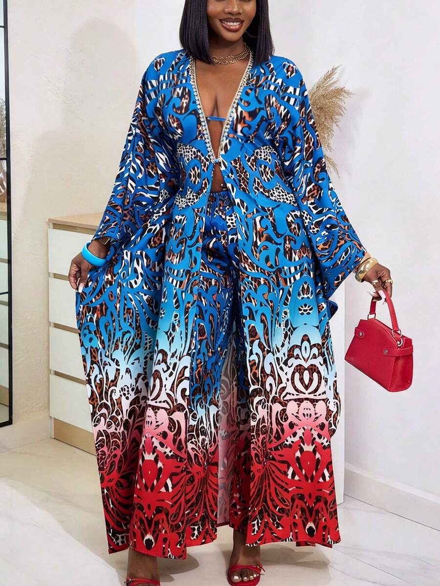 BamGleam Blue Boho Style Long Batwing Sleeve Random Print Two-Piece Outfit For Women Woven Fabric Top And Pants - Blue - View 1