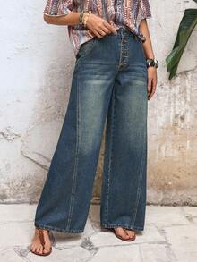 EMERY ROSE Women's Vacation Casual Washed Wide Leg Jeans - Blue - View 5