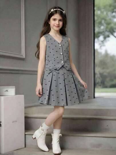 Spring & Summer Sleeveless Round Neck Waist Cinched Lavender Ditsy Floral Midi Dress With Short Sleeve Cropped Cardigan Set, Suitable For Young Girls' Daily Wear, Dates, Picnics, Afternoon Tea, Sweet And Energetic Outfit