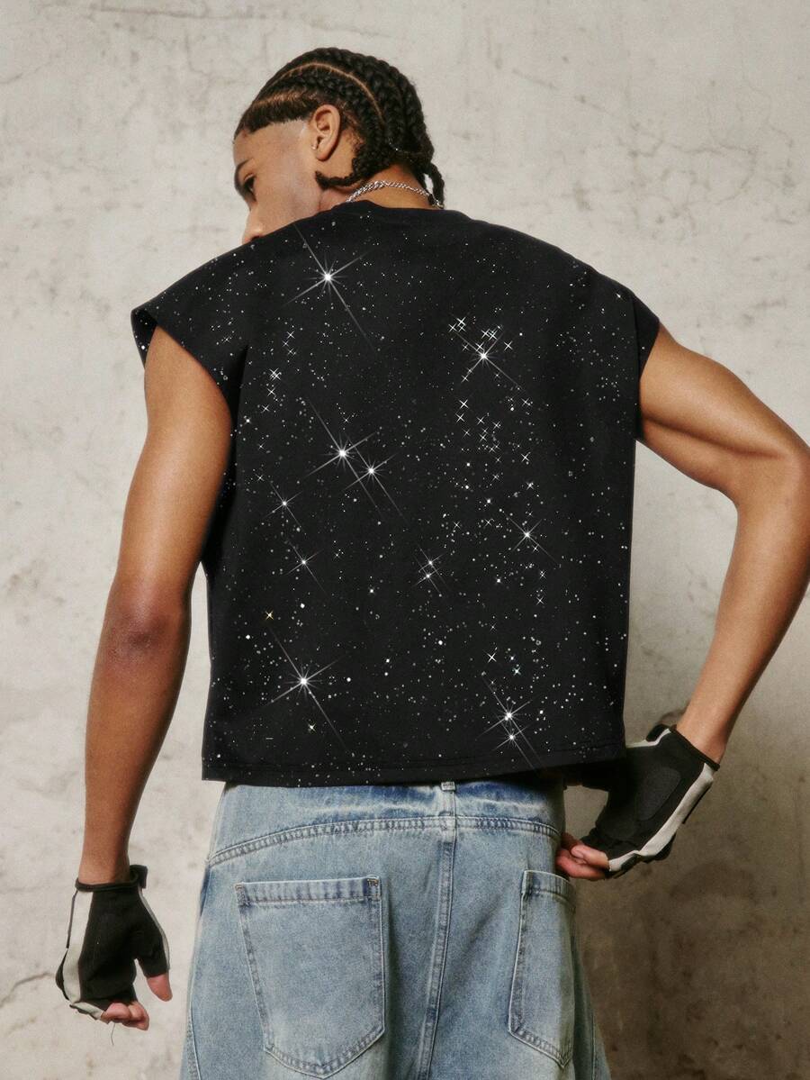 PAVTROS Men's Casual Shiny Round Neck Tank Top, Summer Sparkly Top Men Streetwear