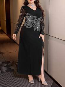 Modelyn 大码女式V领水钻蕾丝拼接开衩优雅派对长袖连衣裙 - 黑色 - 查看 5